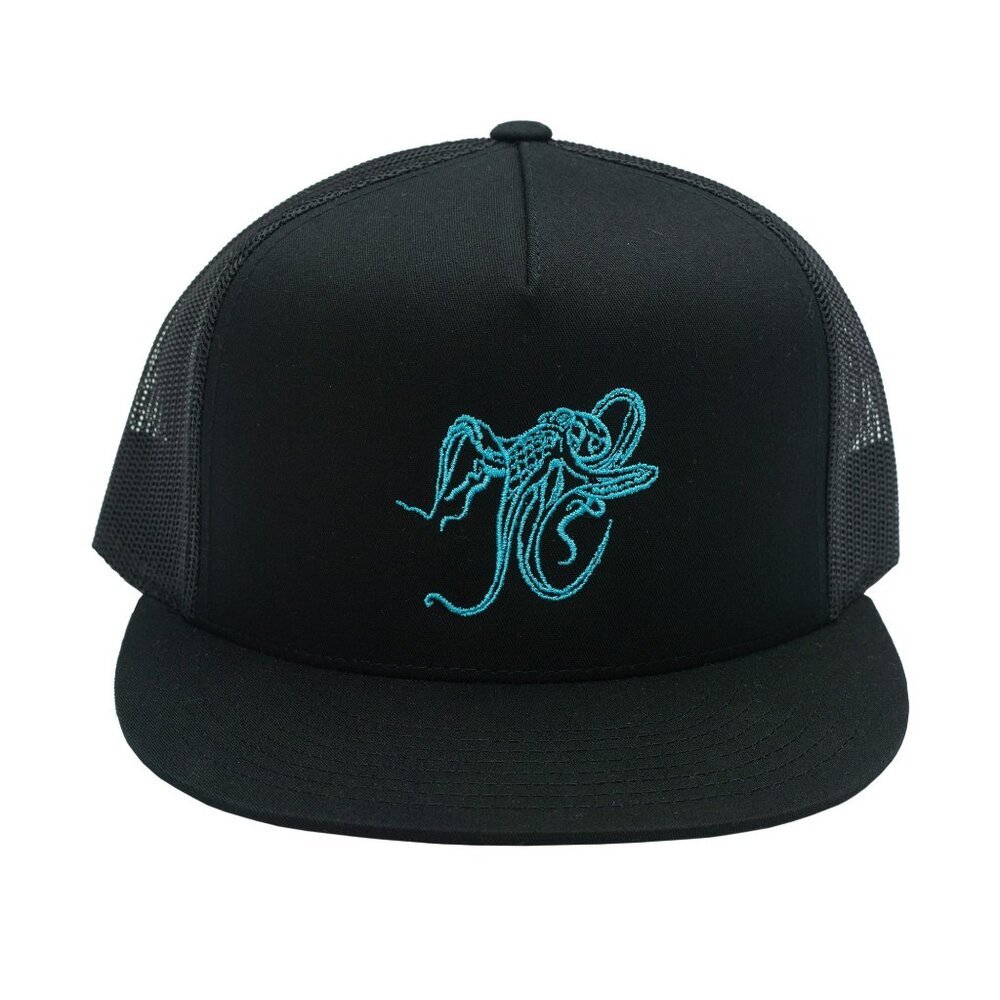 Uroko Giant Pacific Octopus Trucker Hat in Black with Blue Embroidery